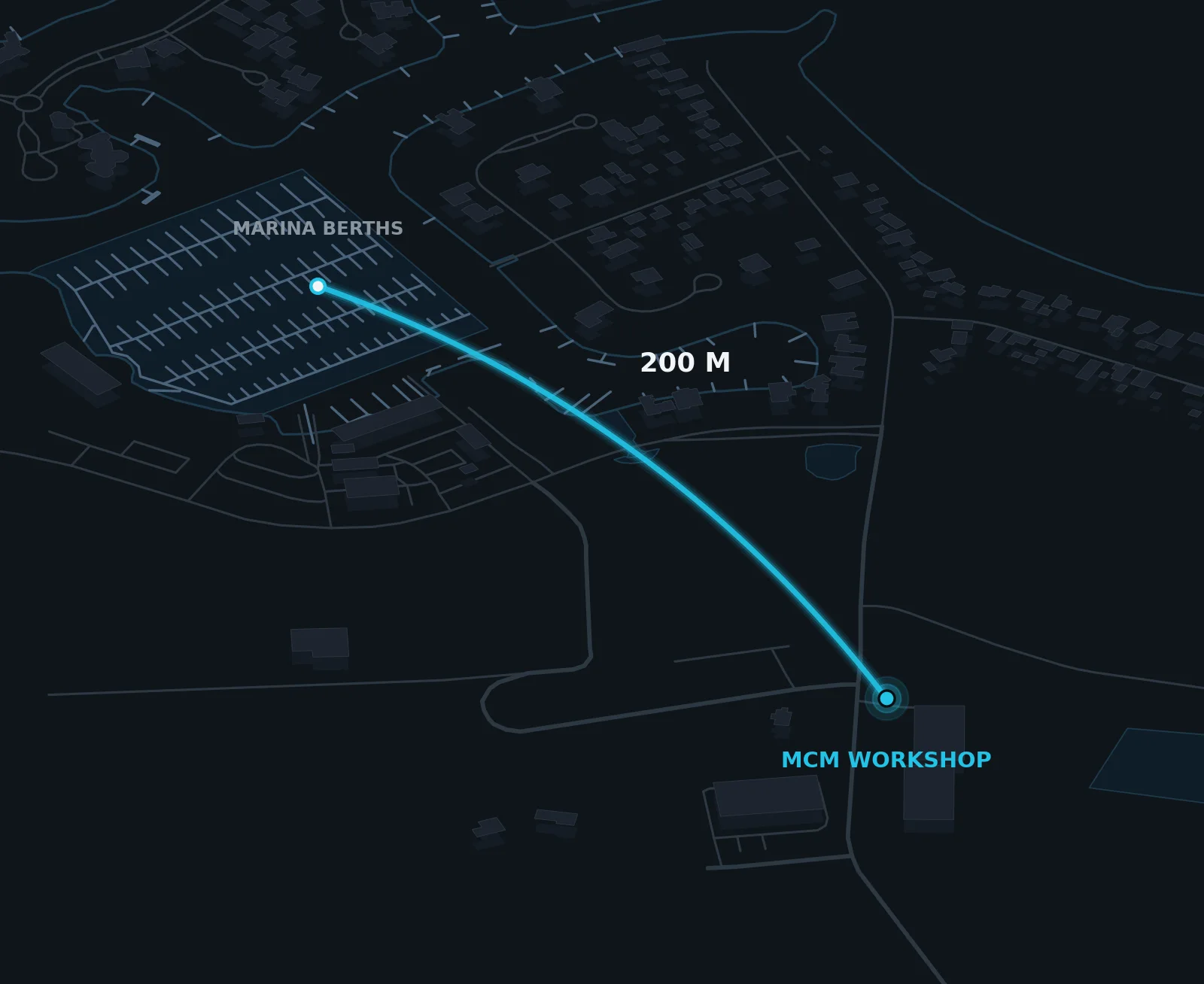 Dark map of Marsden Cove showing the 200 metre line from the marina berths to the MCM workshop