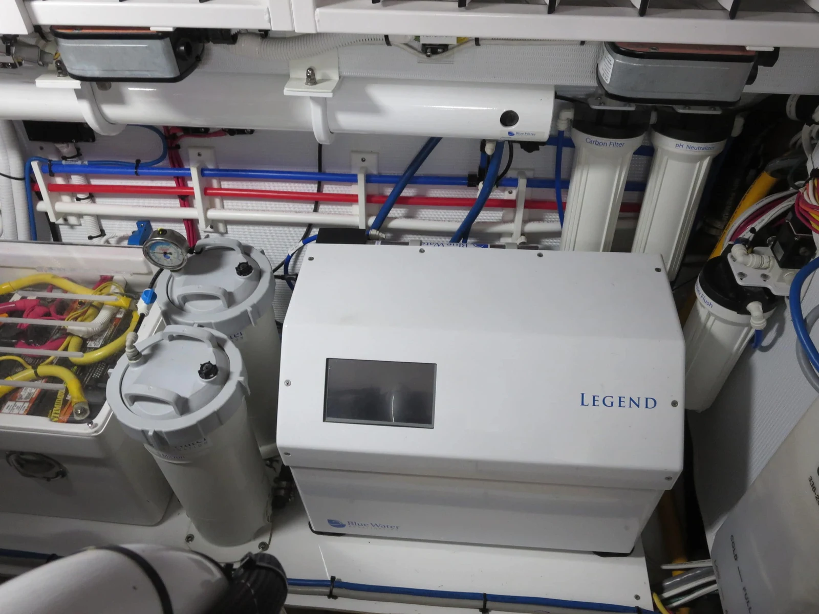 Blue Water reverse osmosis watermaker installed in a launch machinery space